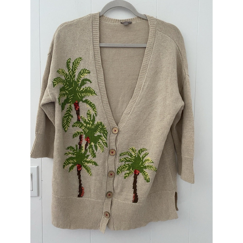 J. JILL Linen Blend Cardigan Sweater Sz Medium Tropical Cruise Vacation Palms